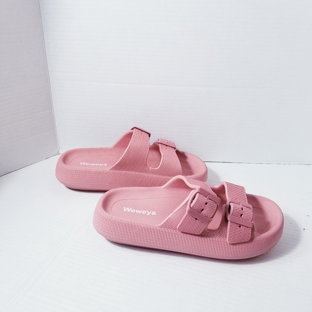 WEWEYA PINK PILLOW SLIDES WITH DOUBLE BUCKLE ADJUSTABLE STRAPS SIZE 5.5-6.5